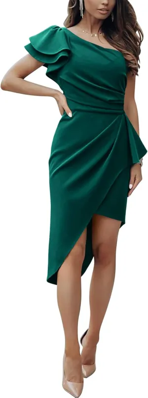BTFBM Women 2025 Summer Fashion Elegant One Shoulder Cocktail Dress Ruffle Sleeve Wrap Ruched Bodycon Short Party Dresses