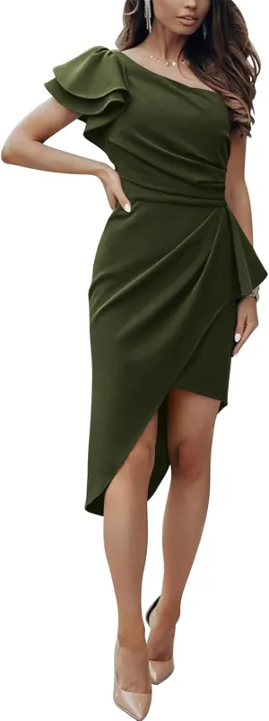 BTFBM Women 2025 Summer Fashion Elegant One Shoulder Cocktail Dress Ruffle Sleeve Wrap Ruched Bodycon Short Party Dresses