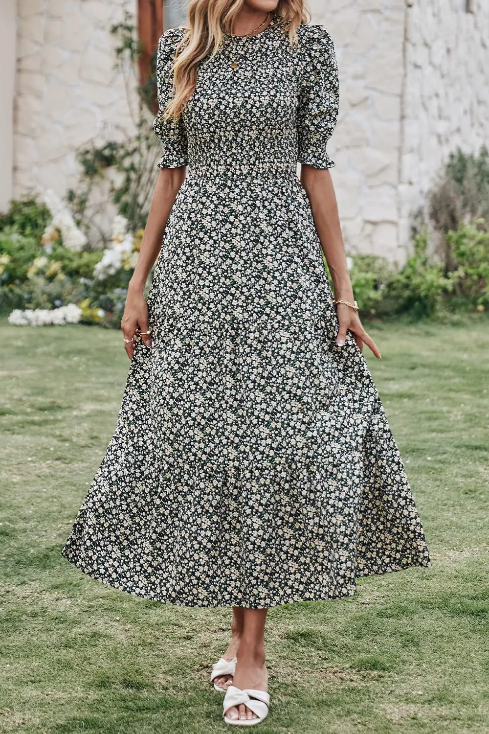 BTFBM Women Casual Summer Dresses 2025 Spring Crew Neck Ruffle Short Sleeve Floral Print Smocked Boho Flowy Maxi Dress