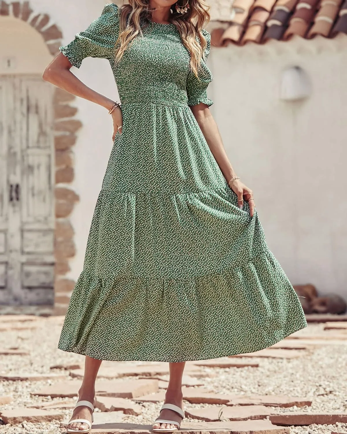 BTFBM Women Casual Summer Dresses 2025 Spring Crew Neck Ruffle Short Sleeve Floral Print Smocked Boho Flowy Maxi Dress