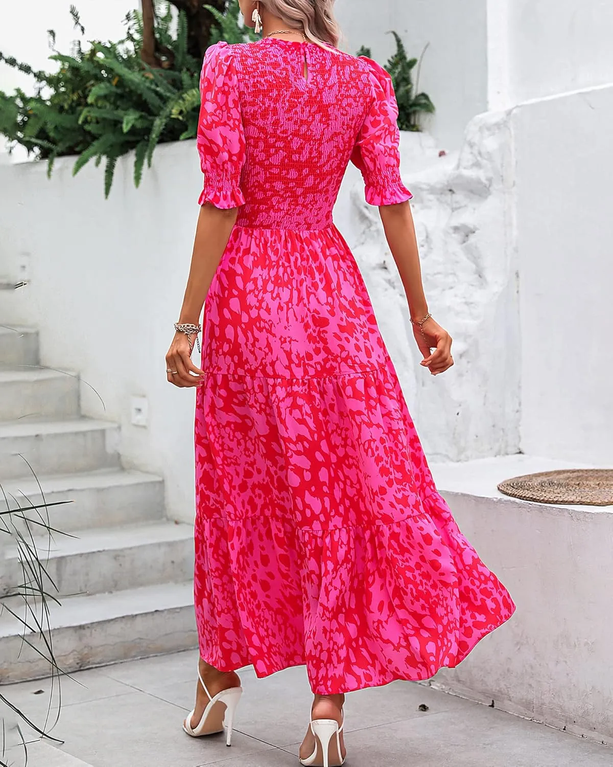 BTFBM Women Casual Summer Dresses 2025 Spring Crew Neck Ruffle Short Sleeve Floral Print Smocked Boho Flowy Maxi Dress