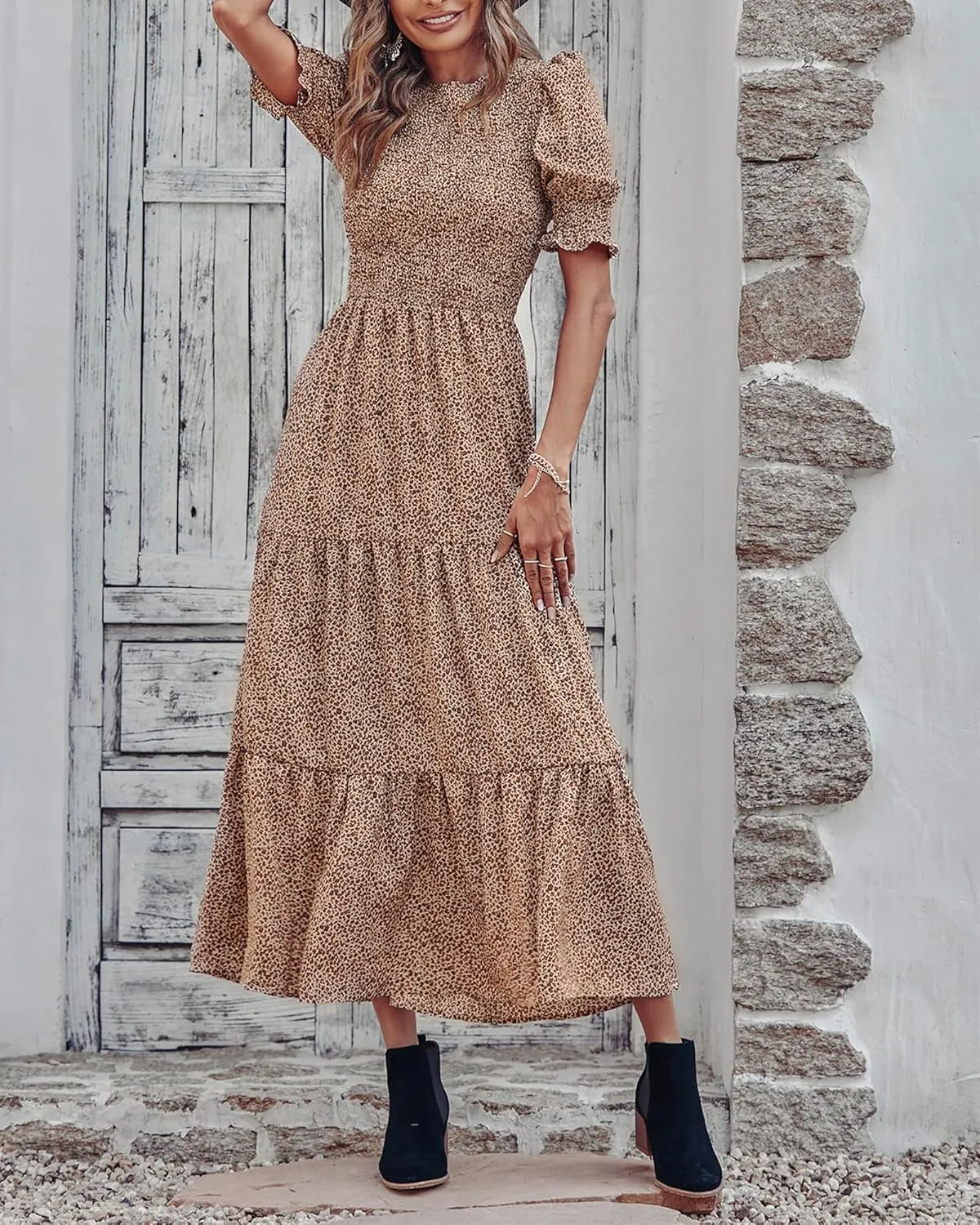 BTFBM Women Casual Summer Dresses 2025 Spring Crew Neck Ruffle Short Sleeve Floral Print Smocked Boho Flowy Maxi Dress