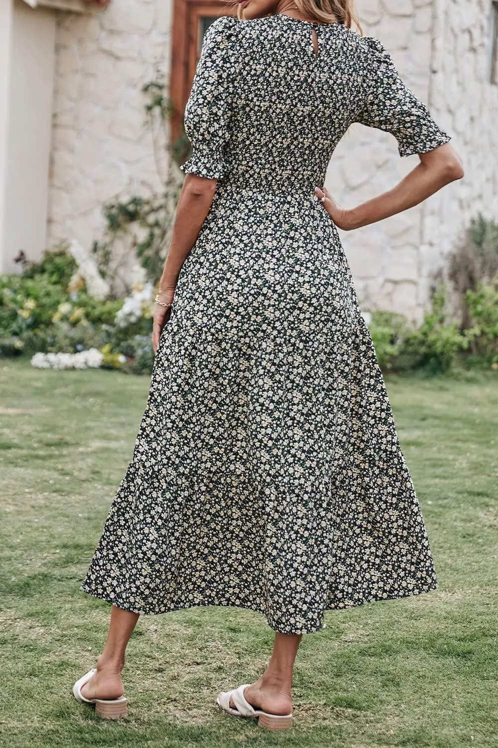 BTFBM Women Casual Summer Dresses 2025 Spring Crew Neck Ruffle Short Sleeve Floral Print Smocked Boho Flowy Maxi Dress