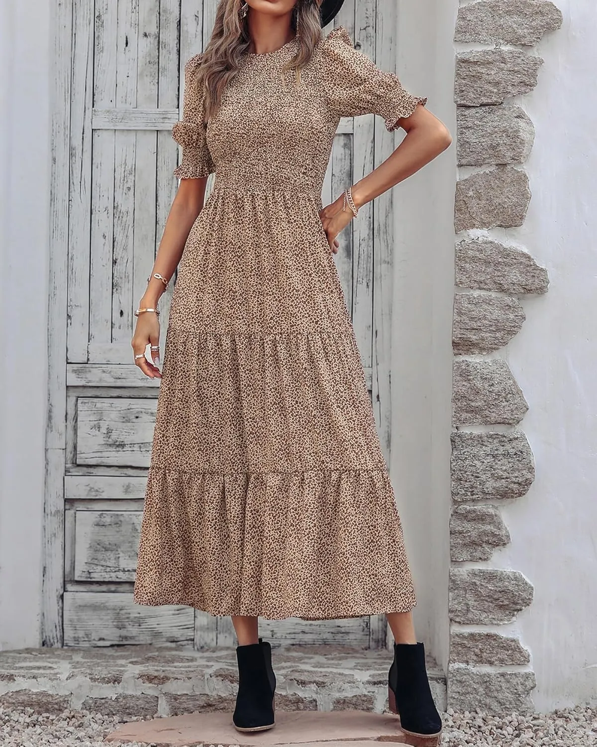 BTFBM Women Casual Summer Dresses 2025 Spring Crew Neck Ruffle Short Sleeve Floral Print Smocked Boho Flowy Maxi Dress