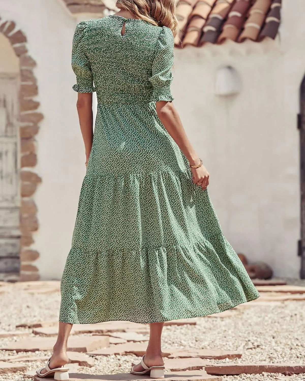 BTFBM Women Casual Summer Dresses 2025 Spring Crew Neck Ruffle Short Sleeve Floral Print Smocked Boho Flowy Maxi Dress