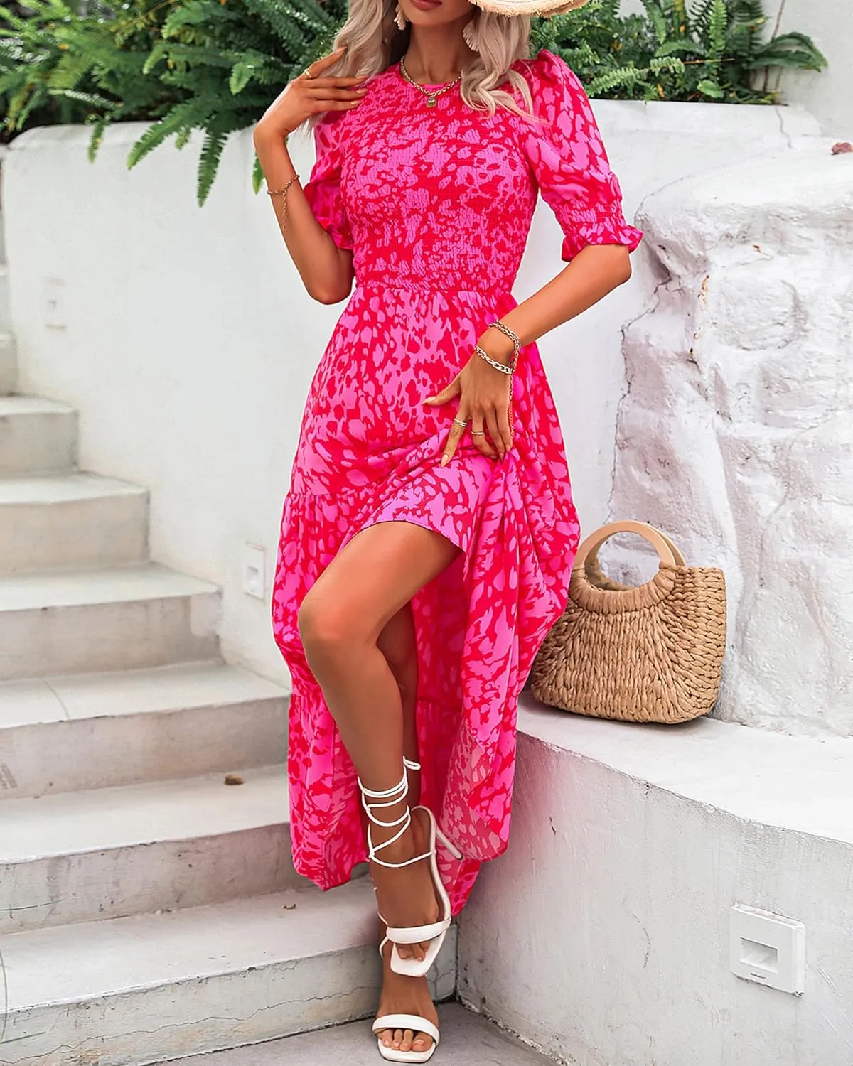 BTFBM Women Casual Summer Dresses 2025 Spring Crew Neck Ruffle Short Sleeve Floral Print Smocked Boho Flowy Maxi Dress