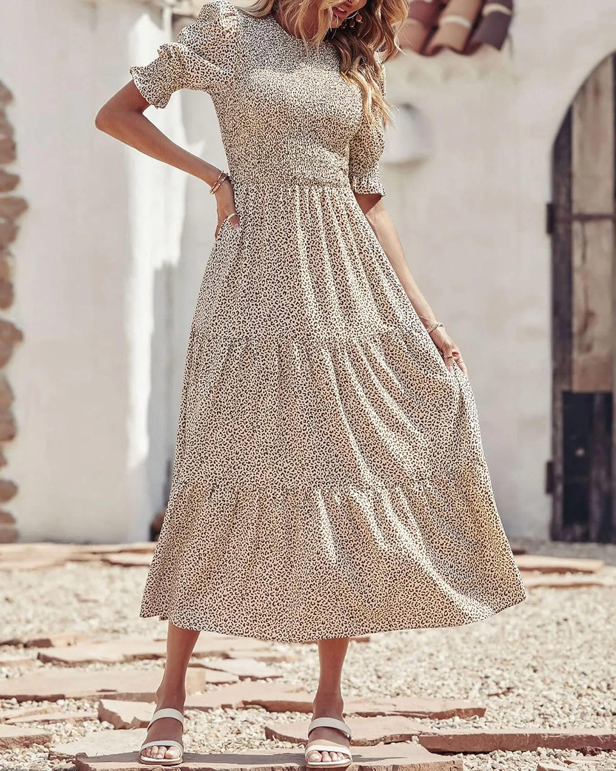 BTFBM Women Casual Summer Dresses 2025 Spring Crew Neck Ruffle Short Sleeve Floral Print Smocked Boho Flowy Maxi Dress
