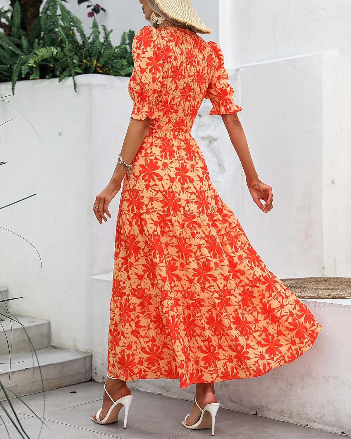 BTFBM Women Casual Summer Dresses 2025 Spring Crew Neck Ruffle Short Sleeve Floral Print Smocked Boho Flowy Maxi Dress
