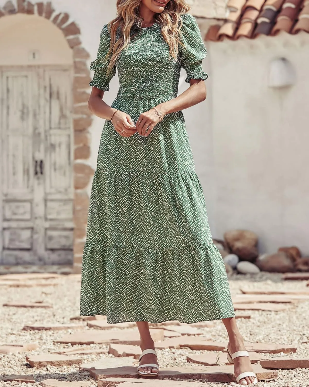 BTFBM Women Casual Summer Dresses 2025 Spring Crew Neck Ruffle Short Sleeve Floral Print Smocked Boho Flowy Maxi Dress