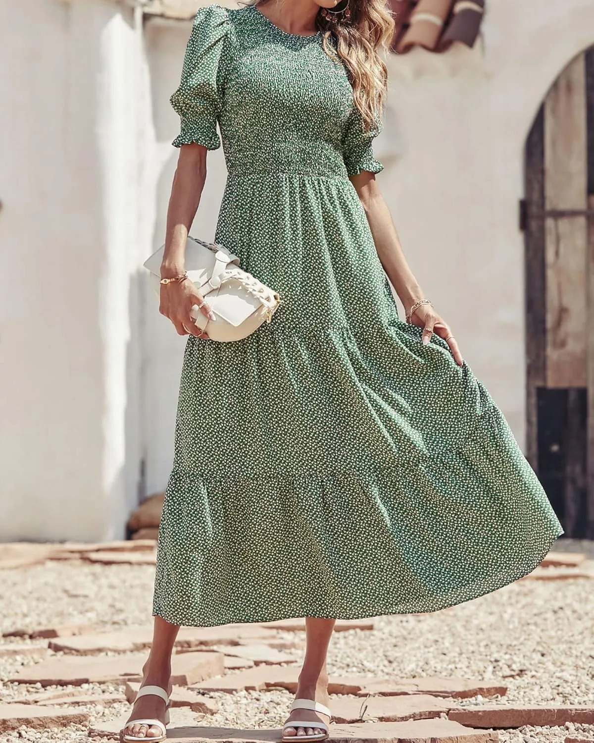 BTFBM Women Casual Summer Dresses 2025 Spring Crew Neck Ruffle Short Sleeve Floral Print Smocked Boho Flowy Maxi Dress