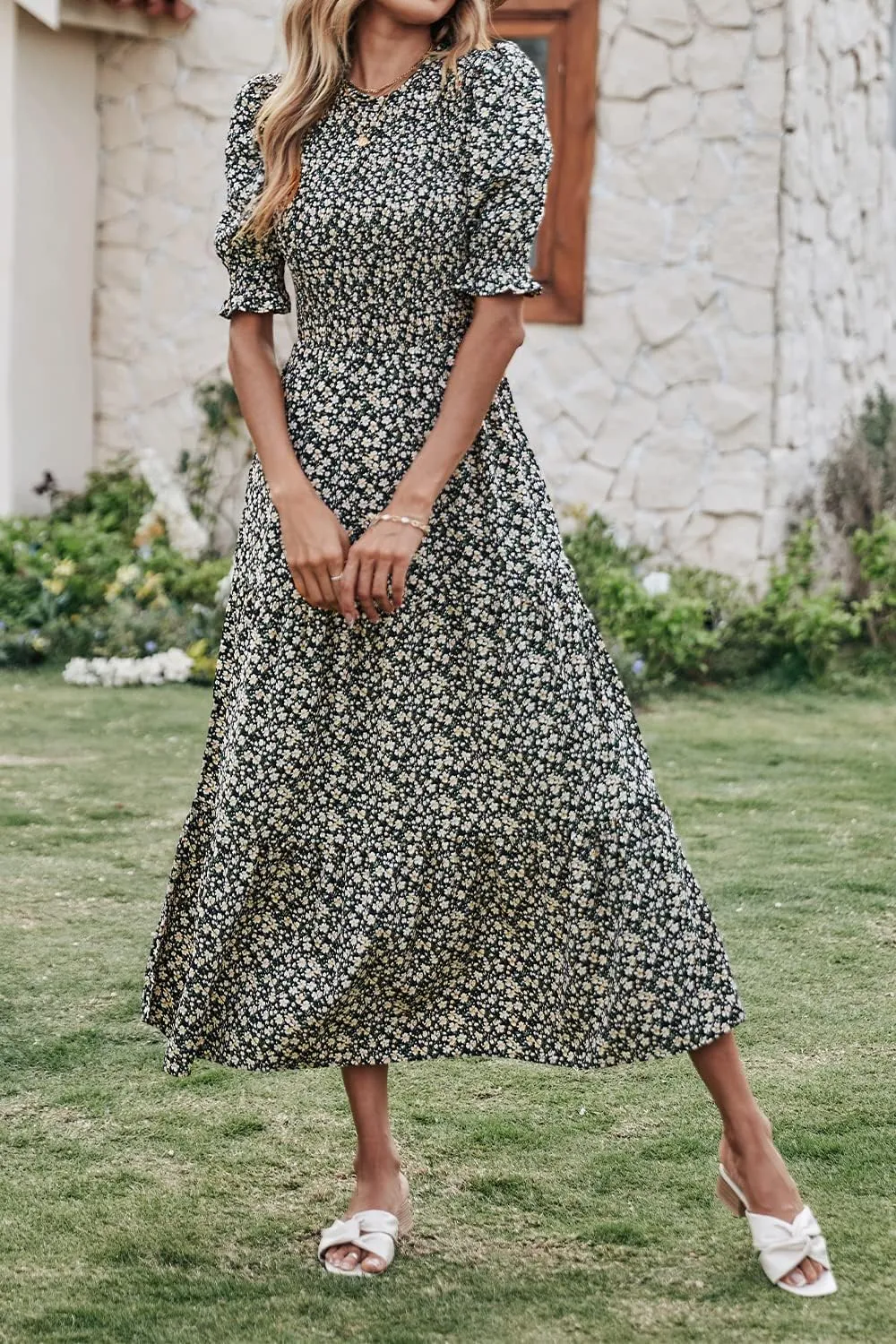 BTFBM Women Casual Summer Dresses 2025 Spring Crew Neck Ruffle Short Sleeve Floral Print Smocked Boho Flowy Maxi Dress