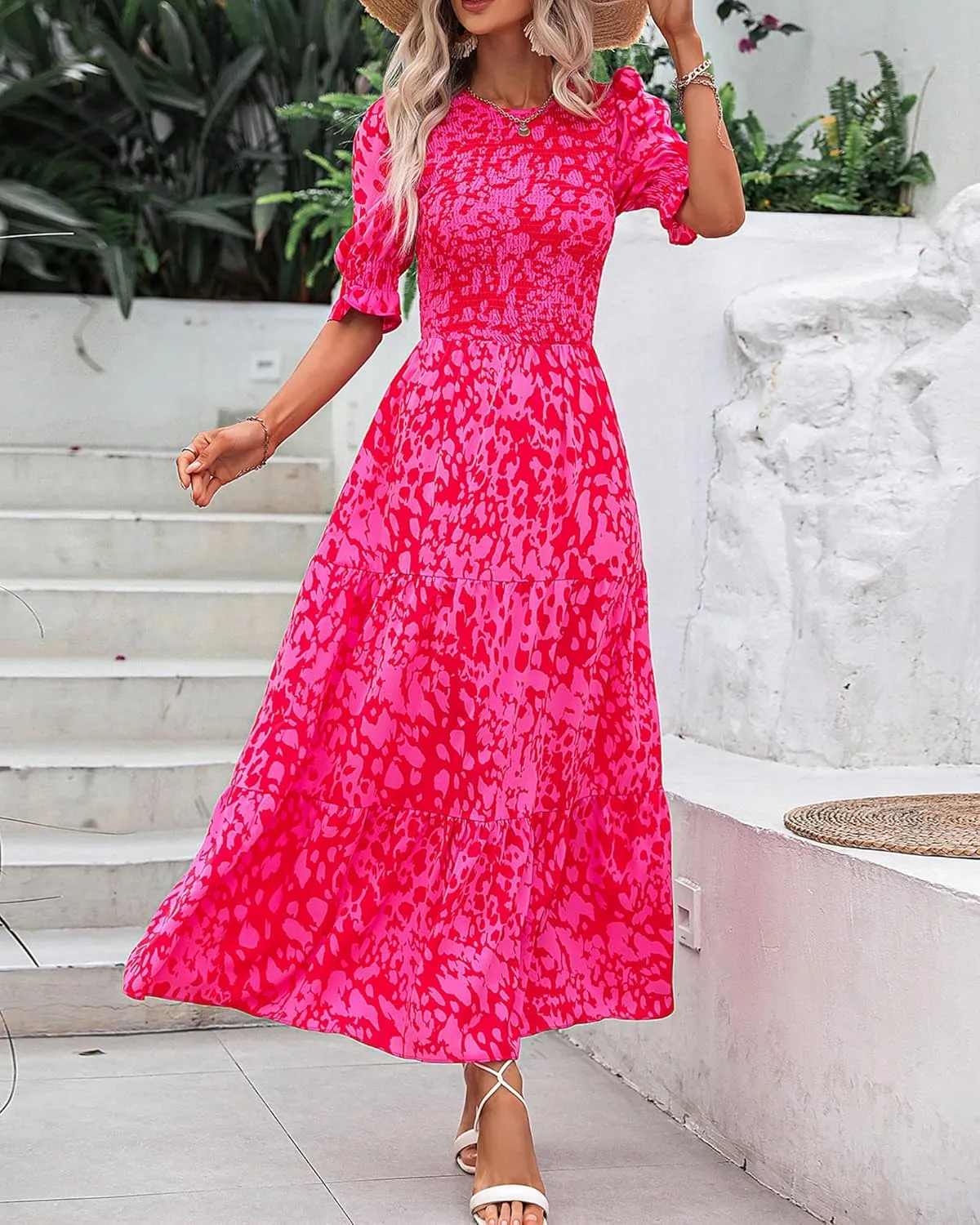 BTFBM Women Casual Summer Dresses 2025 Spring Crew Neck Ruffle Short Sleeve Floral Print Smocked Boho Flowy Maxi Dress