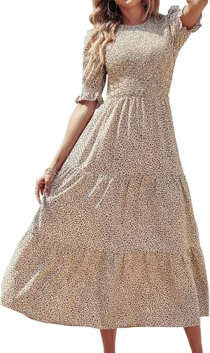 BTFBM Women Casual Summer Dresses 2025 Spring Crew Neck Ruffle Short Sleeve Floral Print Smocked Boho Flowy Maxi Dress