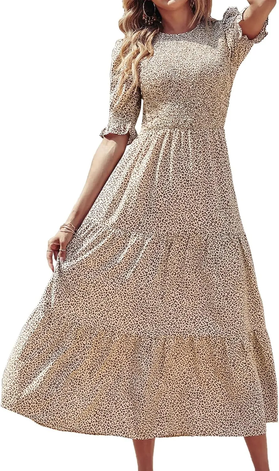 BTFBM Women Casual Summer Dresses 2025 Spring Crew Neck Ruffle Short Sleeve Floral Print Smocked Boho Flowy Maxi Dress