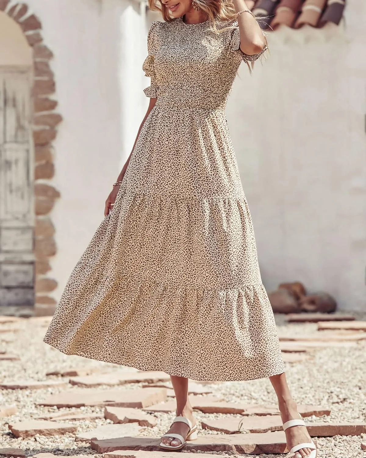 BTFBM Women Casual Summer Dresses 2025 Spring Crew Neck Ruffle Short Sleeve Floral Print Smocked Boho Flowy Maxi Dress