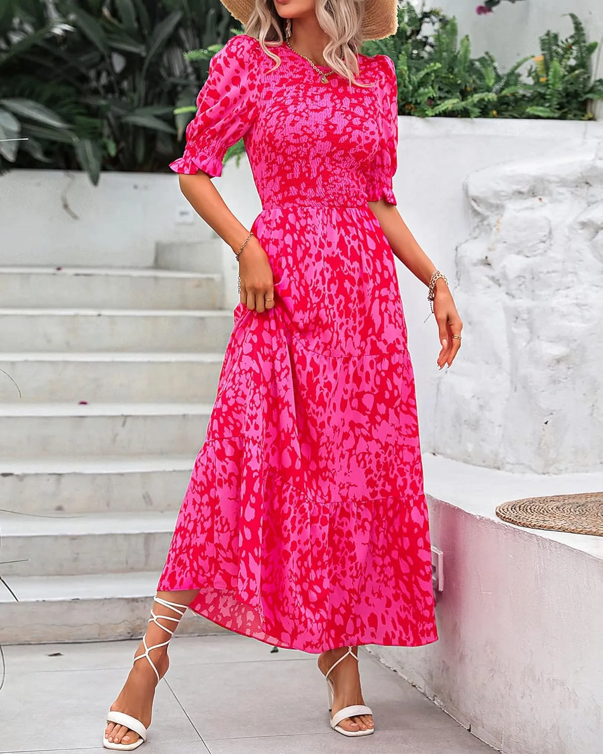 BTFBM Women Casual Summer Dresses 2025 Spring Crew Neck Ruffle Short Sleeve Floral Print Smocked Boho Flowy Maxi Dress