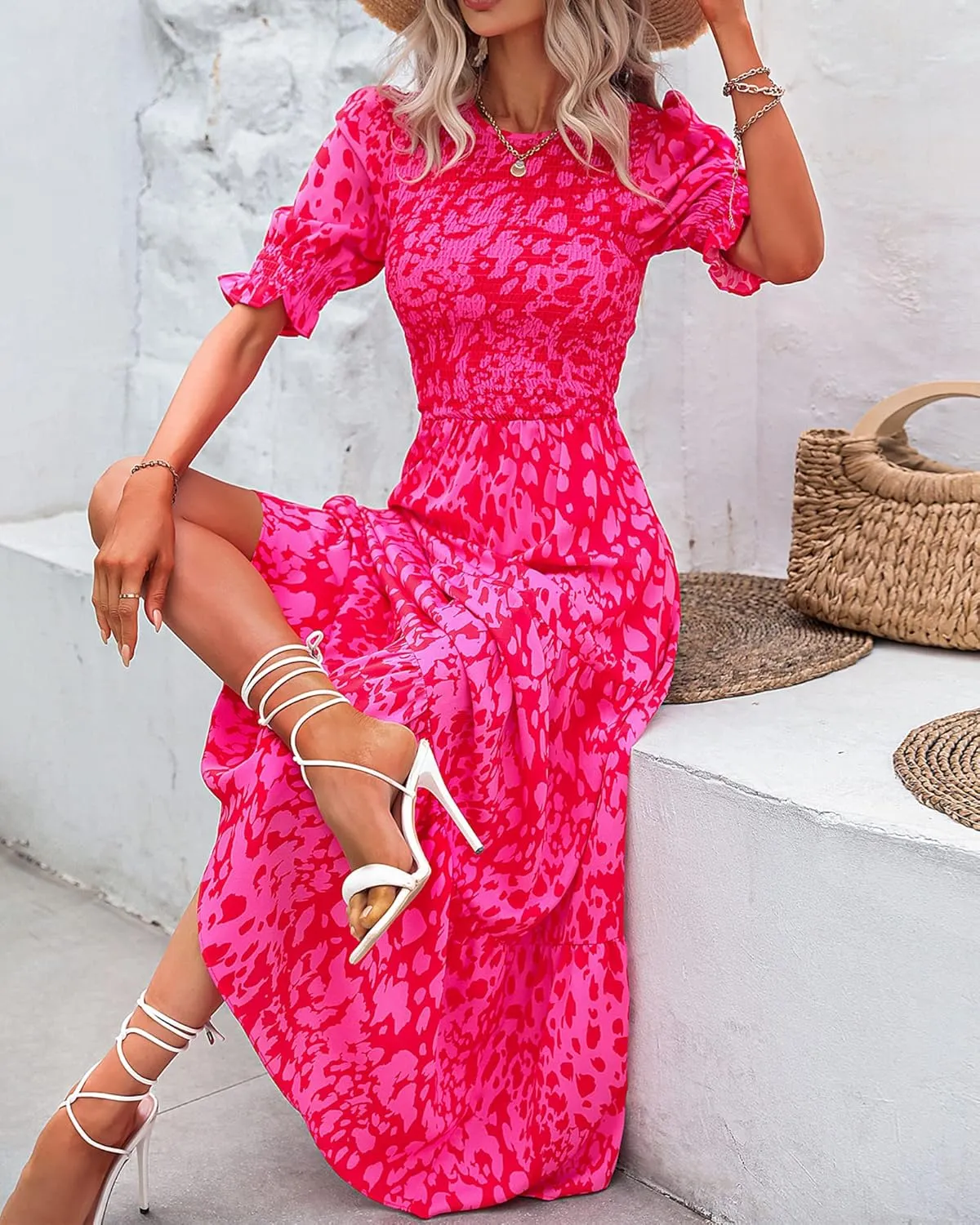 BTFBM Women Casual Summer Dresses 2025 Spring Crew Neck Ruffle Short Sleeve Floral Print Smocked Boho Flowy Maxi Dress