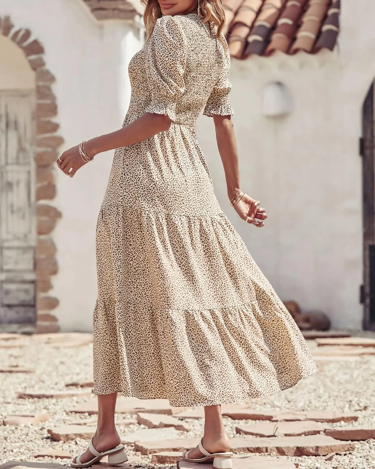 BTFBM Women Casual Summer Dresses 2025 Spring Crew Neck Ruffle Short Sleeve Floral Print Smocked Boho Flowy Maxi Dress
