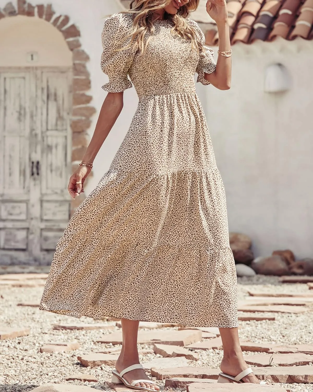 BTFBM Women Casual Summer Dresses 2025 Spring Crew Neck Ruffle Short Sleeve Floral Print Smocked Boho Flowy Maxi Dress