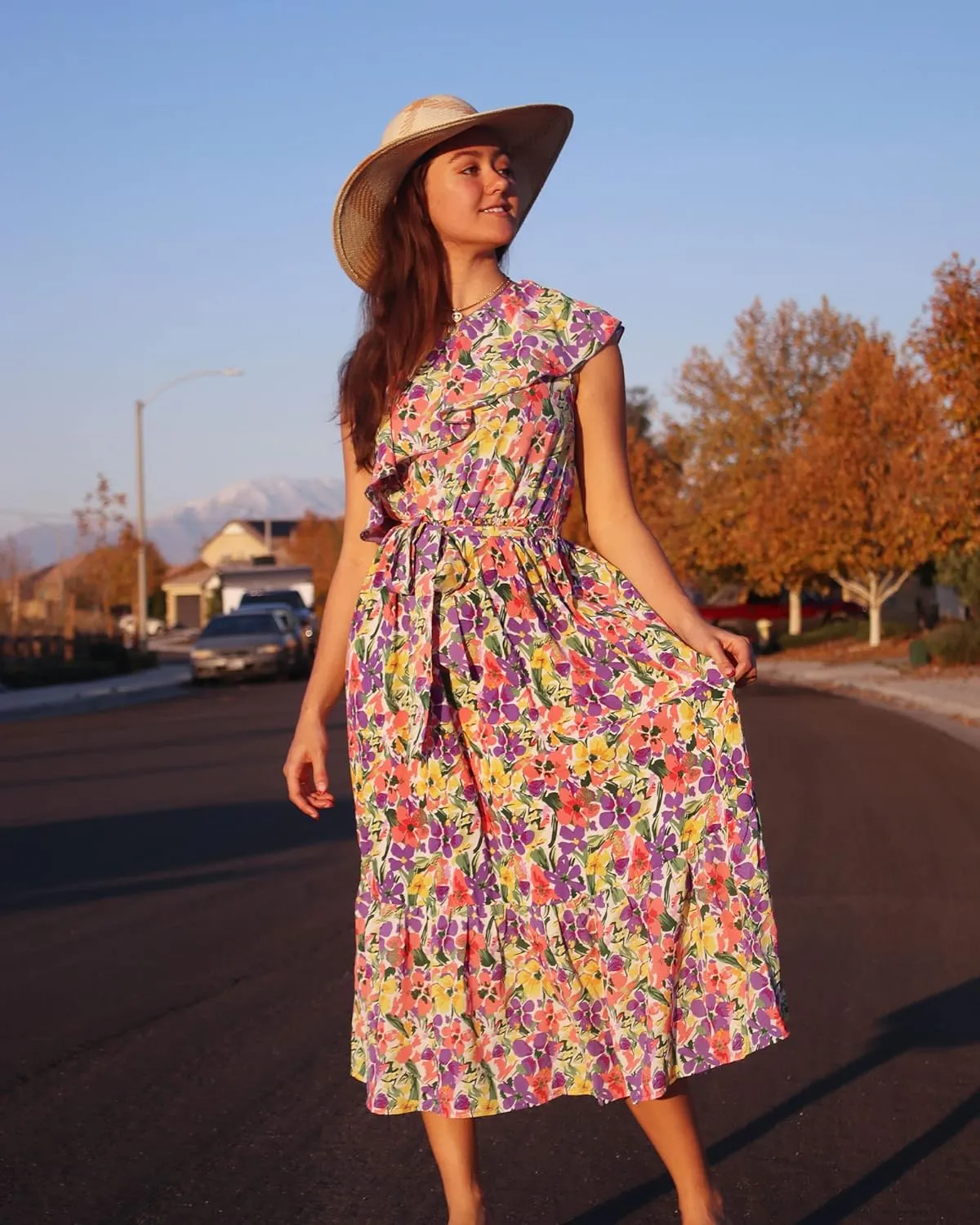 BTFBM Women's One Shoulder Maxi Dress Sleeveless Casual Summer Layered Ruffle Boho Floral Print Party Beach A-Line Dresses