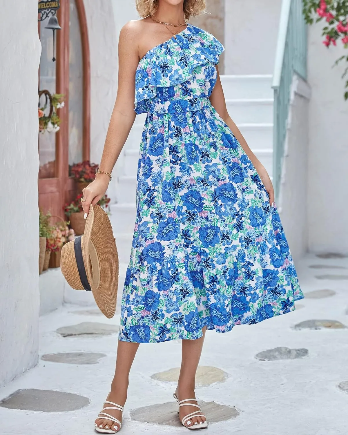 BTFBM Women's One Shoulder Maxi Dress Sleeveless Casual Summer Layered Ruffle Boho Floral Print Party Beach A-Line Dresses