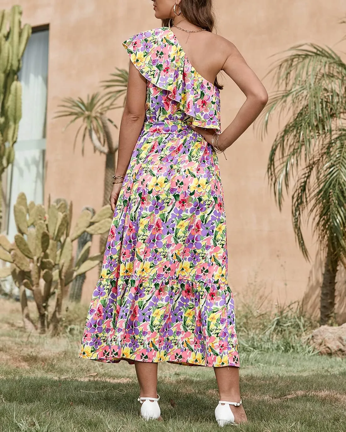 BTFBM Women's One Shoulder Maxi Dress Sleeveless Casual Summer Layered Ruffle Boho Floral Print Party Beach A-Line Dresses