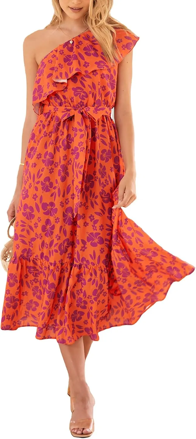 BTFBM Women's One Shoulder Maxi Dress Sleeveless Casual Summer Layered Ruffle Boho Floral Print Party Beach A-Line Dresses
