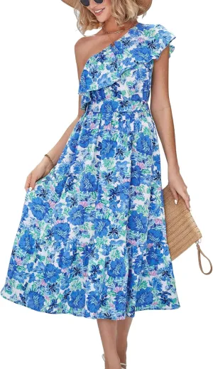 BTFBM Women's One Shoulder Maxi Dress Sleeveless Casual Summer Layered Ruffle Boho Floral Print Party Beach A-Line Dresses