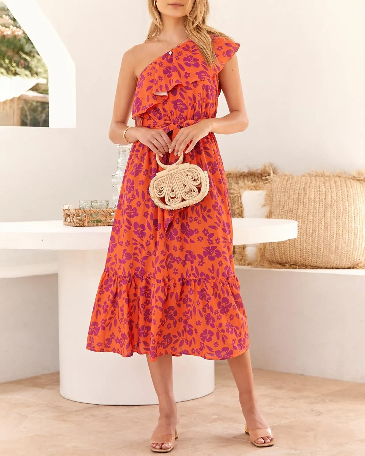 BTFBM Women's One Shoulder Maxi Dress Sleeveless Casual Summer Layered Ruffle Boho Floral Print Party Beach A-Line Dresses