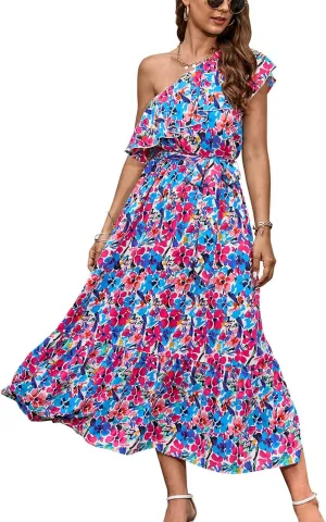 BTFBM Women's One Shoulder Maxi Dress Sleeveless Casual Summer Layered Ruffle Boho Floral Print Party Beach A-Line Dresses