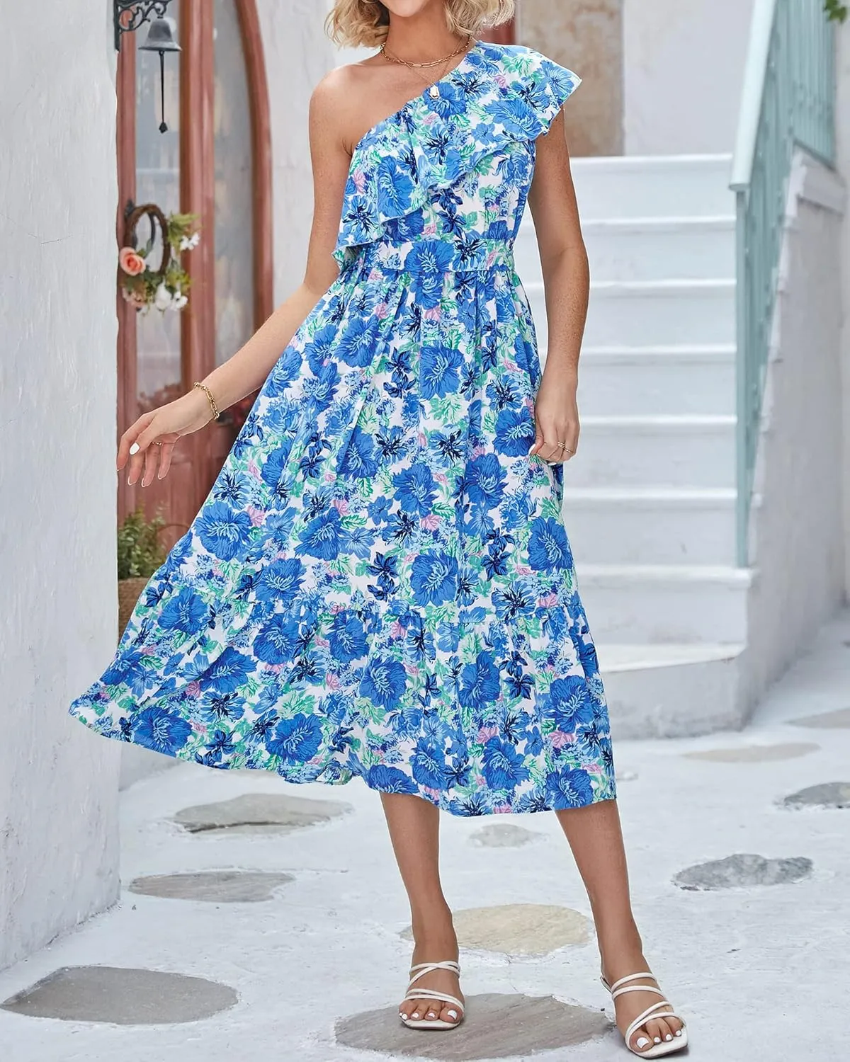 BTFBM Women's One Shoulder Maxi Dress Sleeveless Casual Summer Layered Ruffle Boho Floral Print Party Beach A-Line Dresses