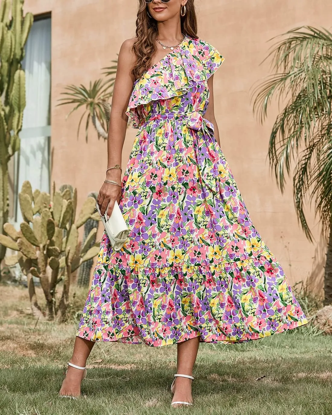 BTFBM Women's One Shoulder Maxi Dress Sleeveless Casual Summer Layered Ruffle Boho Floral Print Party Beach A-Line Dresses
