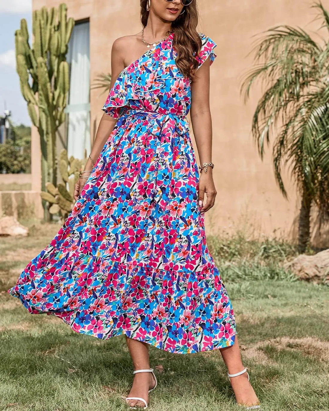 BTFBM Women's One Shoulder Maxi Dress Sleeveless Casual Summer Layered Ruffle Boho Floral Print Party Beach A-Line Dresses