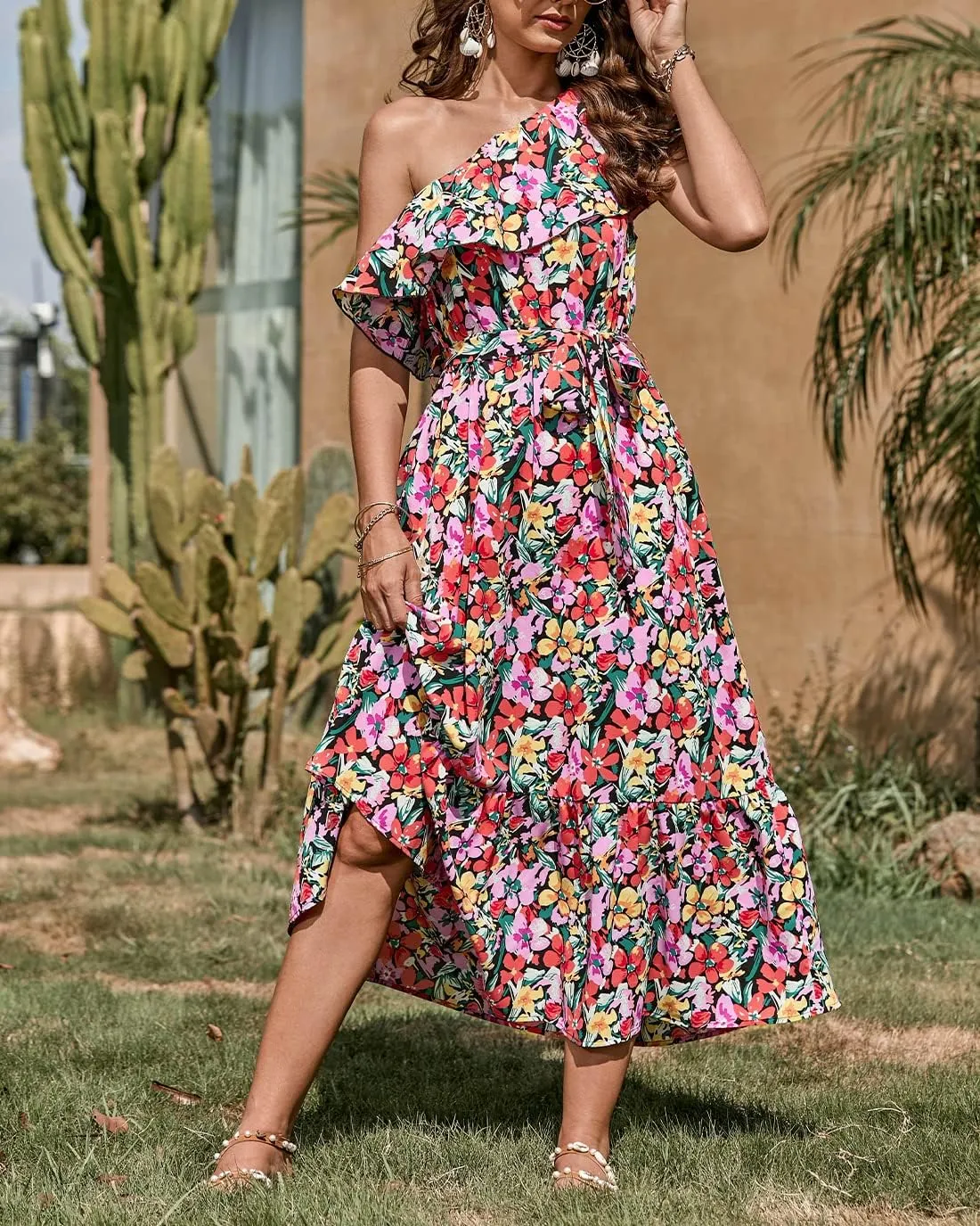 BTFBM Women's One Shoulder Maxi Dress Sleeveless Casual Summer Layered Ruffle Boho Floral Print Party Beach A-Line Dresses