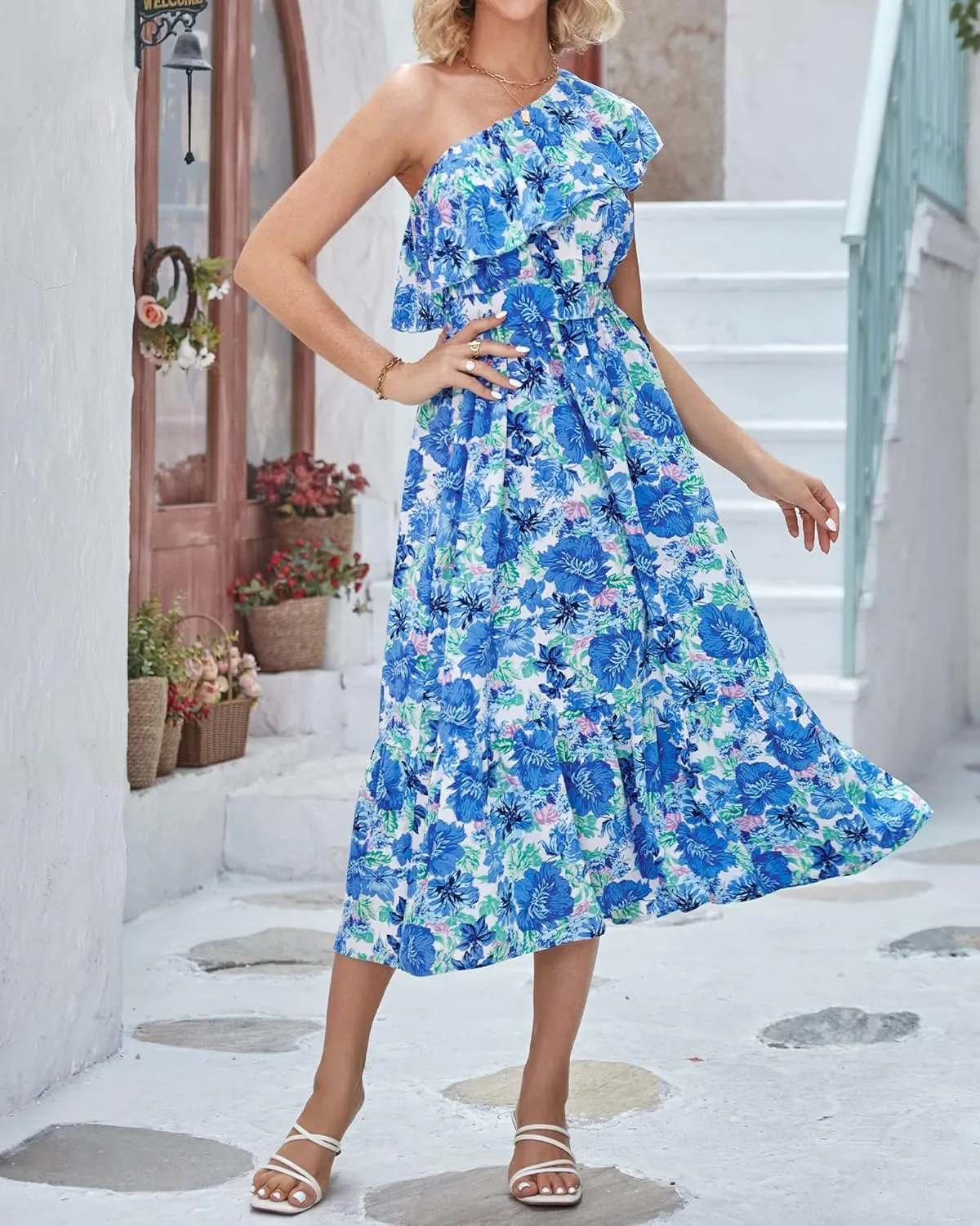 BTFBM Women's One Shoulder Maxi Dress Sleeveless Casual Summer Layered Ruffle Boho Floral Print Party Beach A-Line Dresses