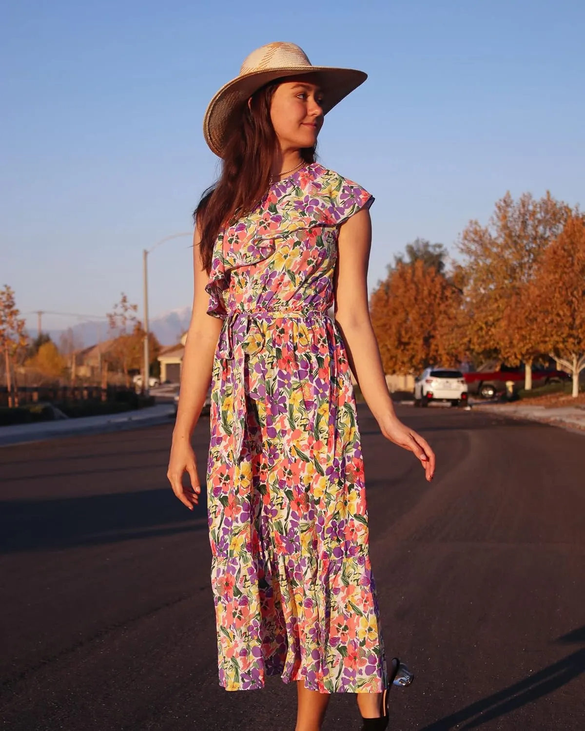 BTFBM Women's One Shoulder Maxi Dress Sleeveless Casual Summer Layered Ruffle Boho Floral Print Party Beach A-Line Dresses