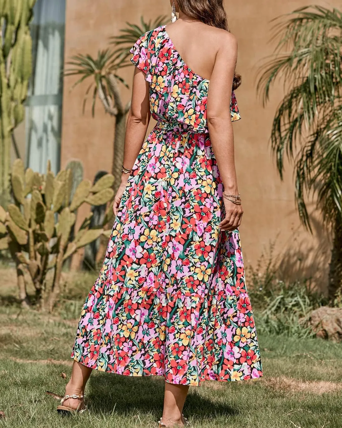 BTFBM Women's One Shoulder Maxi Dress Sleeveless Casual Summer Layered Ruffle Boho Floral Print Party Beach A-Line Dresses