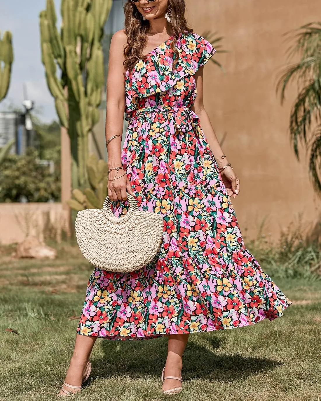 BTFBM Women's One Shoulder Maxi Dress Sleeveless Casual Summer Layered Ruffle Boho Floral Print Party Beach A-Line Dresses