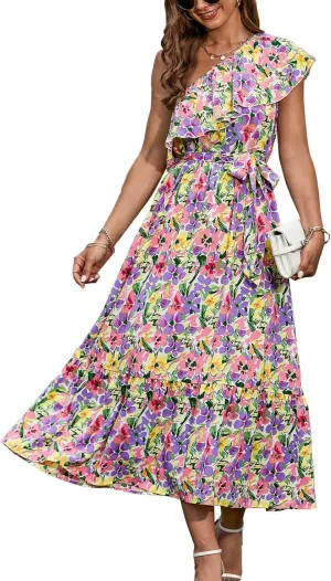 BTFBM Women's One Shoulder Maxi Dress Sleeveless Casual Summer Layered Ruffle Boho Floral Print Party Beach A-Line Dresses