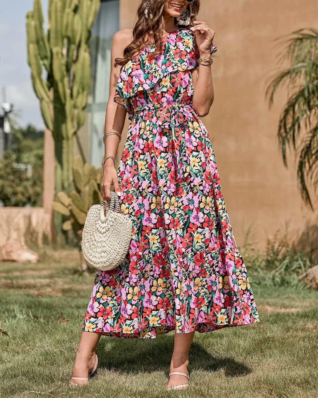 BTFBM Women's One Shoulder Maxi Dress Sleeveless Casual Summer Layered Ruffle Boho Floral Print Party Beach A-Line Dresses