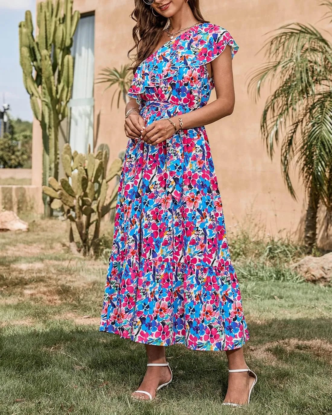 BTFBM Women's One Shoulder Maxi Dress Sleeveless Casual Summer Layered Ruffle Boho Floral Print Party Beach A-Line Dresses