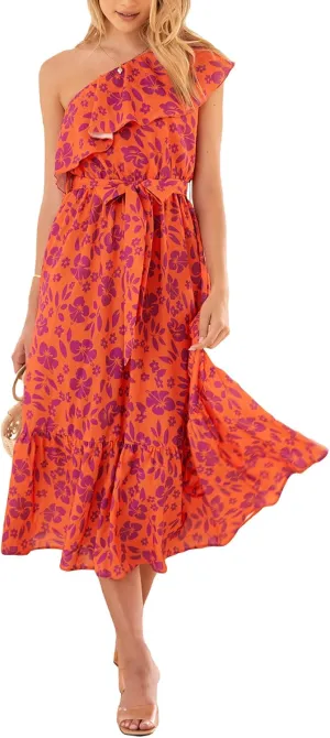 BTFBM Women's One Shoulder Maxi Dress Sleeveless Casual Summer Layered Ruffle Boho Floral Print Party Beach A-Line Dresses