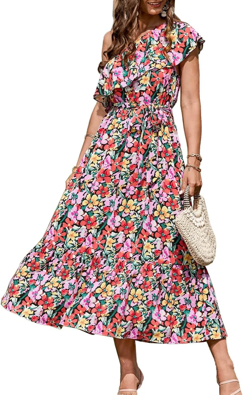 BTFBM Women's One Shoulder Maxi Dress Sleeveless Casual Summer Layered Ruffle Boho Floral Print Party Beach A-Line Dresses