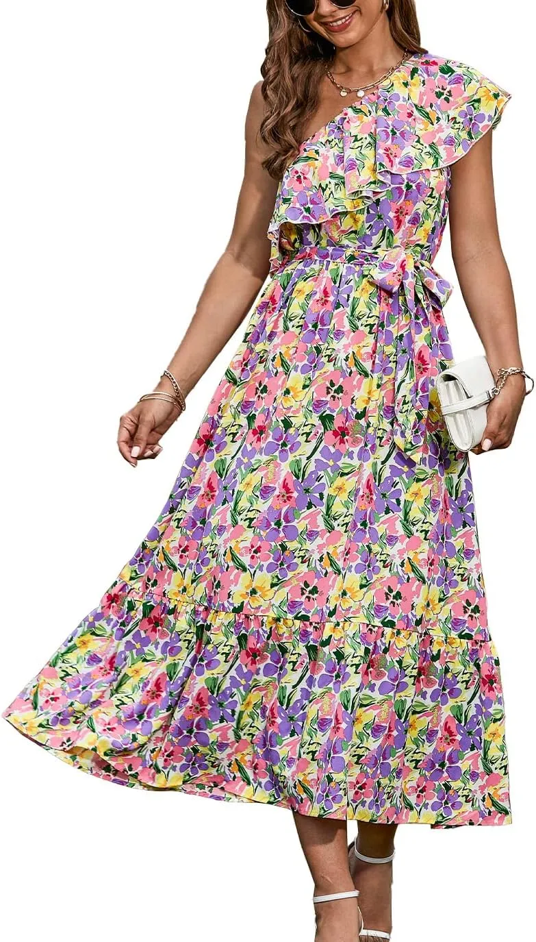 BTFBM Women's One Shoulder Maxi Dress Sleeveless Casual Summer Layered Ruffle Boho Floral Print Party Beach A-Line Dresses
