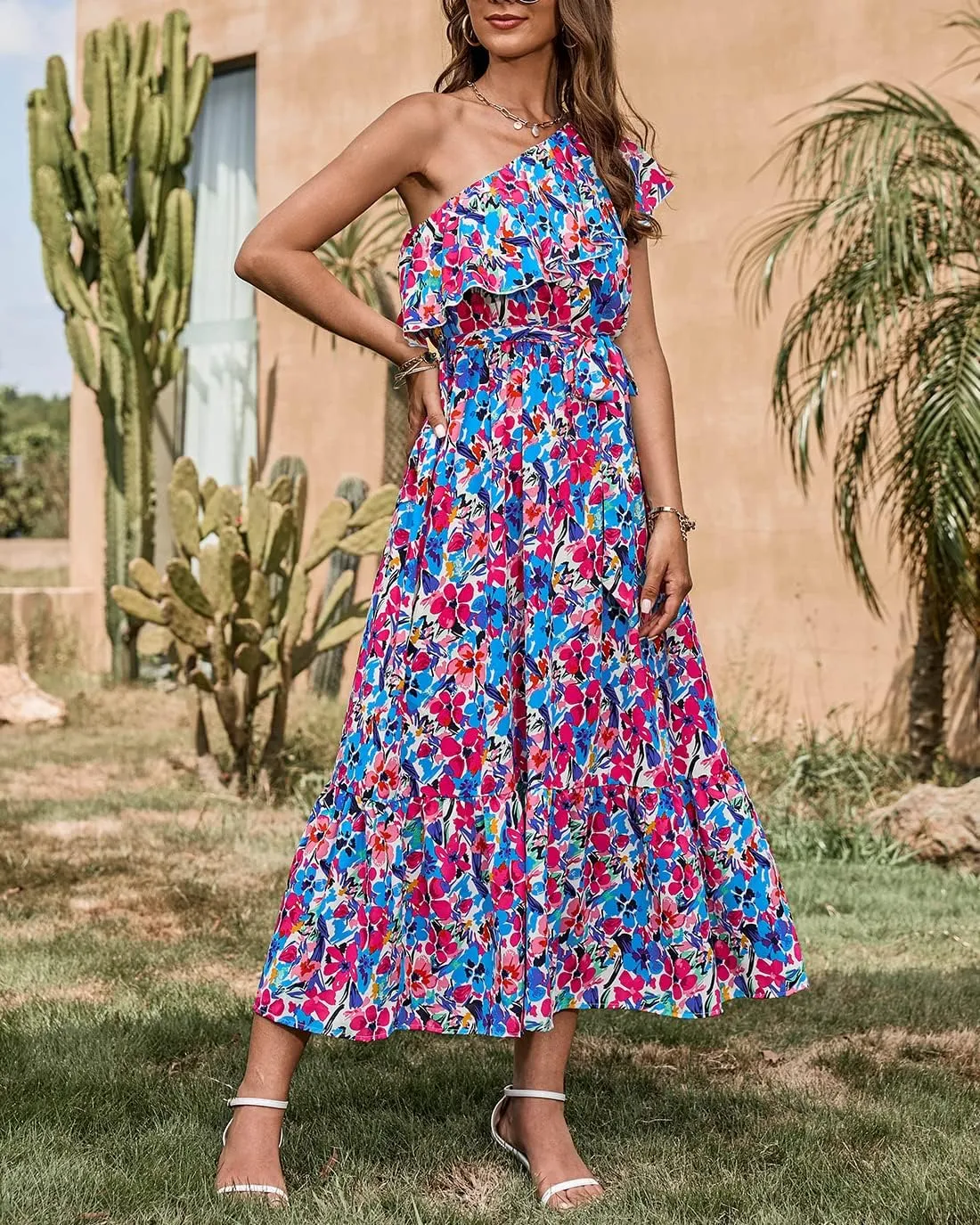 BTFBM Women's One Shoulder Maxi Dress Sleeveless Casual Summer Layered Ruffle Boho Floral Print Party Beach A-Line Dresses
