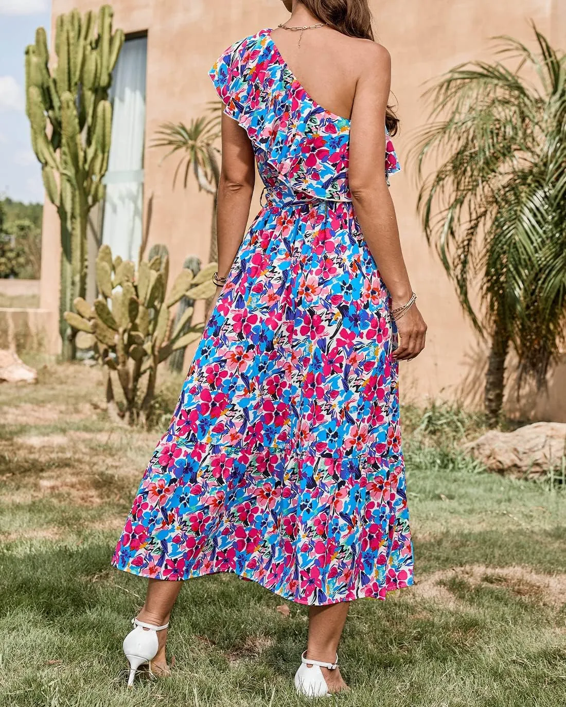 BTFBM Women's One Shoulder Maxi Dress Sleeveless Casual Summer Layered Ruffle Boho Floral Print Party Beach A-Line Dresses