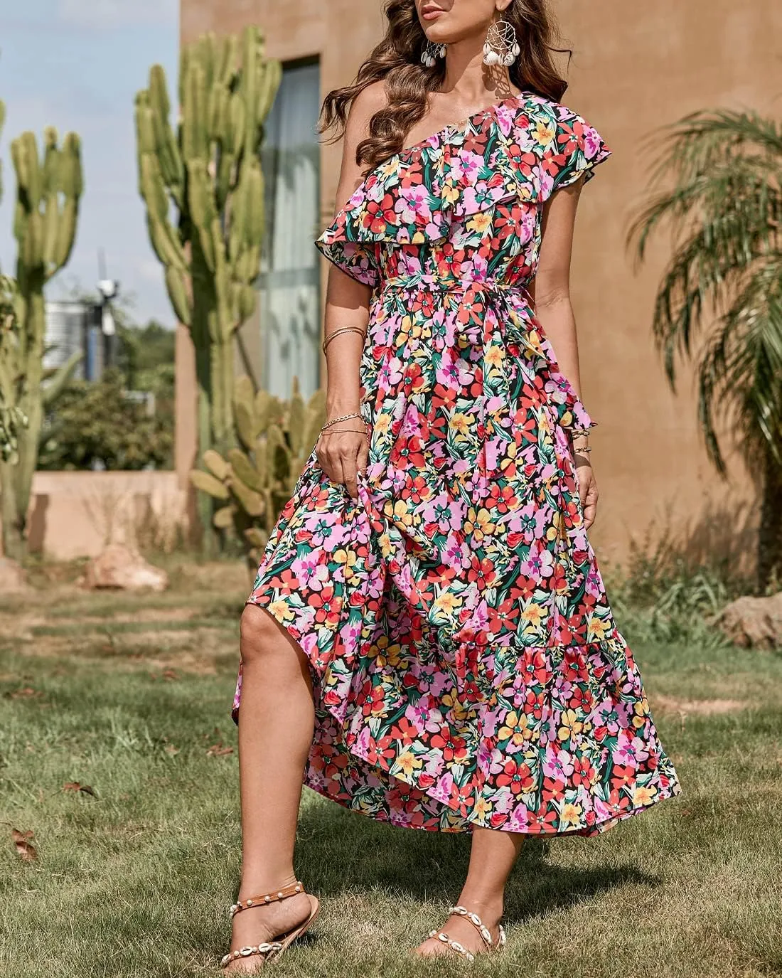 BTFBM Women's One Shoulder Maxi Dress Sleeveless Casual Summer Layered Ruffle Boho Floral Print Party Beach A-Line Dresses