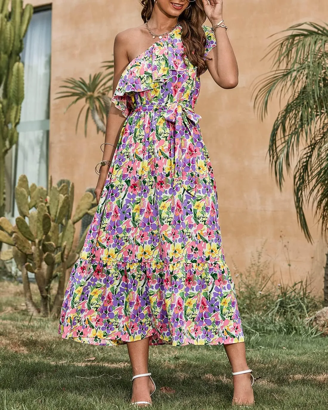 BTFBM Women's One Shoulder Maxi Dress Sleeveless Casual Summer Layered Ruffle Boho Floral Print Party Beach A-Line Dresses