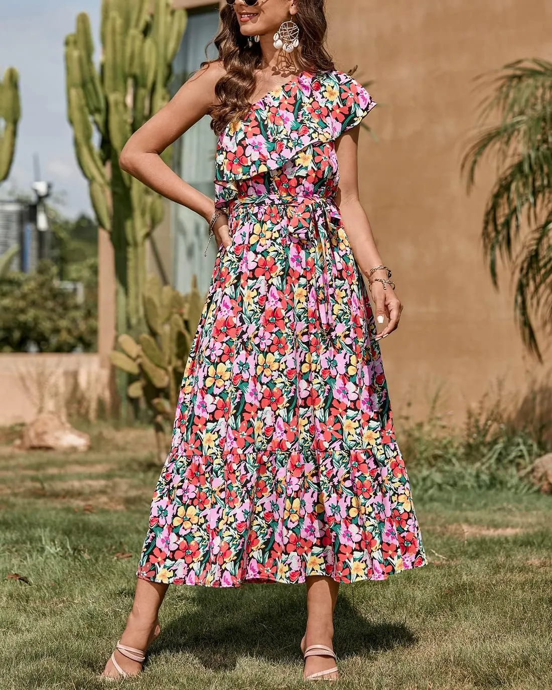 BTFBM Women's One Shoulder Maxi Dress Sleeveless Casual Summer Layered Ruffle Boho Floral Print Party Beach A-Line Dresses