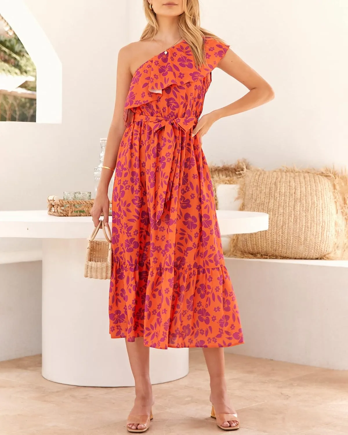 BTFBM Women's One Shoulder Maxi Dress Sleeveless Casual Summer Layered Ruffle Boho Floral Print Party Beach A-Line Dresses